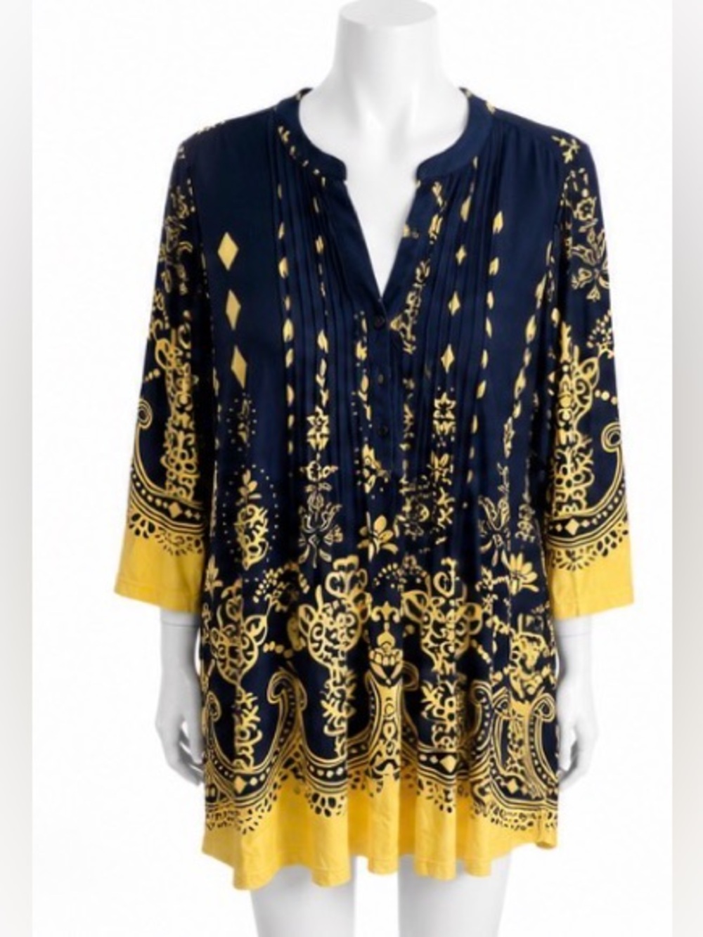 Serengeti NWOT Navy Yellow Border Print Pintuck Tunic Top 1X